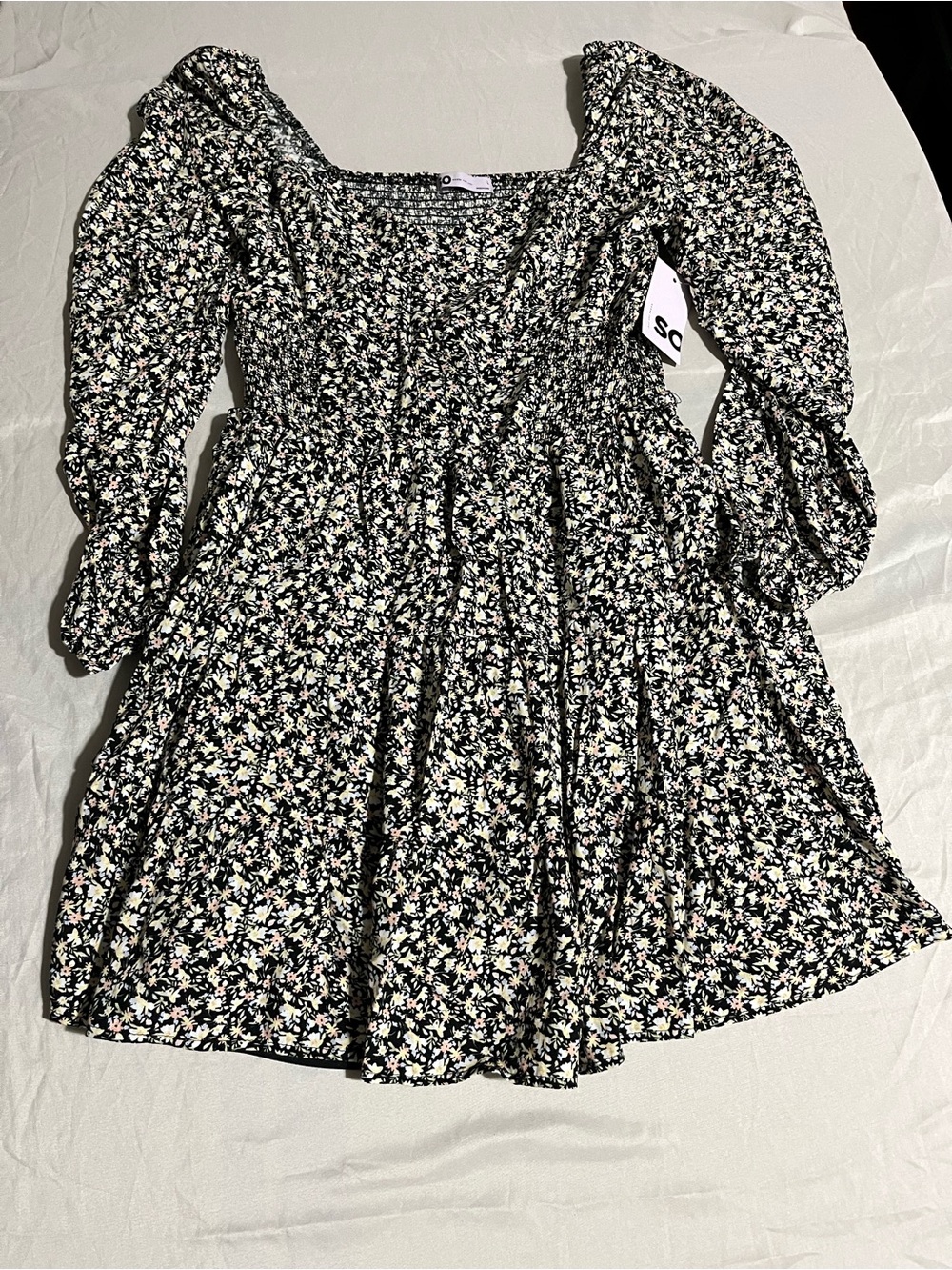 Kohl's Black Floral Smocked Puff Sleeve Dress Women’s Size L New with Tags